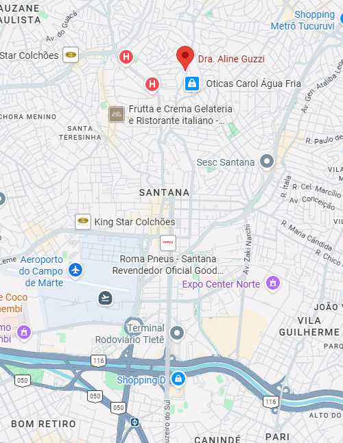 Localização do consultório da Dra. Aline Guzzi no bairro Água Fria, São Paulo / SP