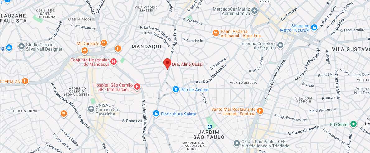 Localização do consultório da Dra. Aline Guzzi no bairro Água Fria, São Paulo / SP
