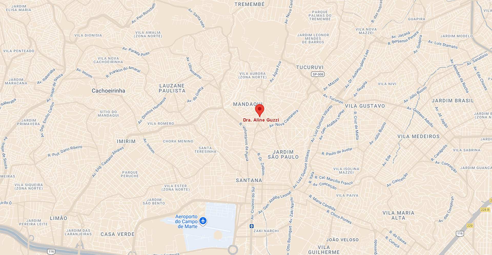 Localização do consultório da Dra. Aline Guzzi no bairro Água Fria, São Paulo / SP